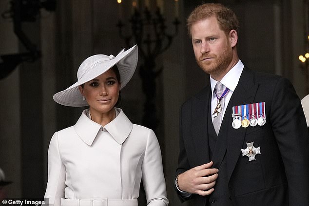 The Duke and Duchess of Sussex leave after a thanksgiving service for Queen Elizabeth during her platinum jubilee celebrations last June.