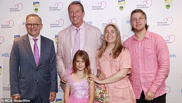 McGrath spoke about the controversial gag at Sydney's Jane McGrath High Tea and Allianz Stadium on Friday morning.  She is pictured here with her children and Prime Minister Anthony Albanese.