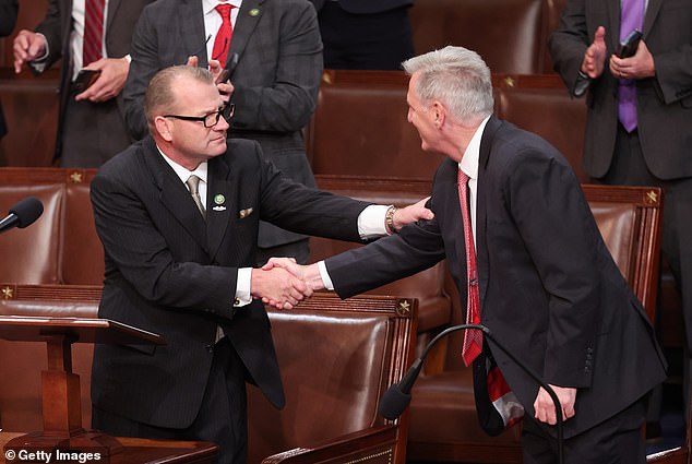 Rep. Kevin McCarthy thanks Rep. Troy Nehls following the latter's nominating speech for the third round of speaker voting on Thursday.