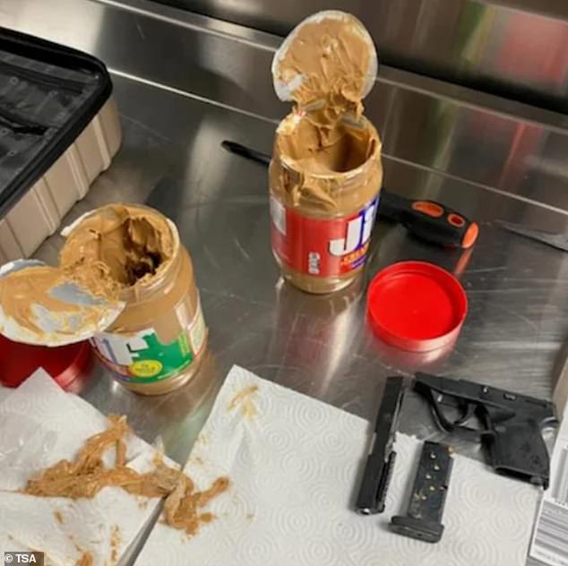 Another firearm seizure at John F. Kennedy International Airport in New York showed partially empty peanut butter bottles opened with a handgun and ammunition.