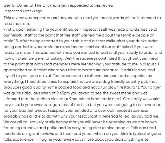 The pub, rated the second best restaurant in Penrith on Tripadvisor, responded to the review saying the customer was 