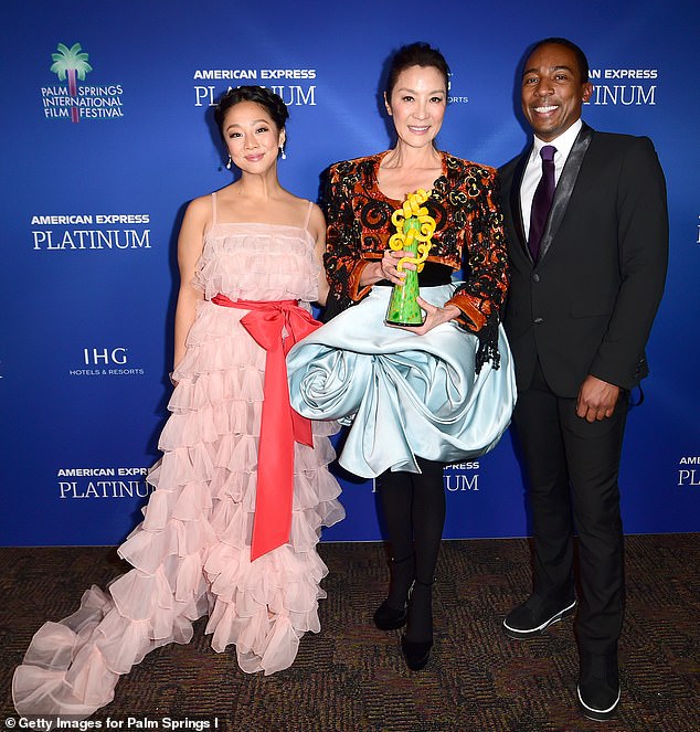 Red Carpet: Hsu and Yeoh also posed with Steven Wilson, Co-Founder and Co-Chairman of Scenario PR, backstage at the 34th Annual Palm Springs International Film Awards.