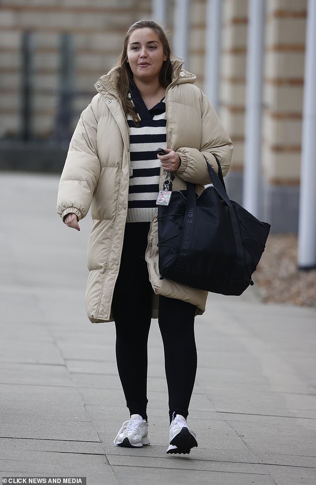 Busy woman: Jacqueline, who starred in the BBC soap opera as Lauren Branning in 2010, wore a black and white striped V-neck knit jumper