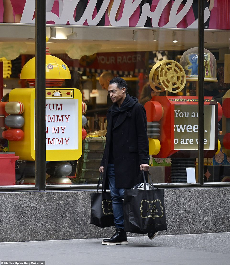 He was seen leaving the toy store with two large shopping bags full of toys and games.