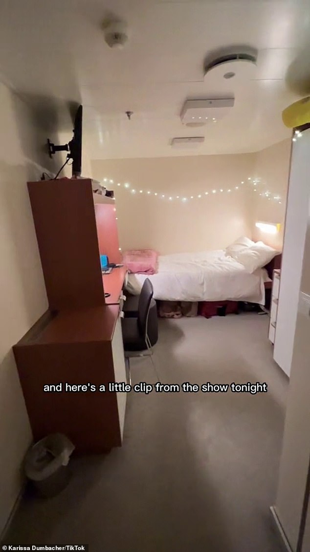 She took a quick look at her spacious but windowless accommodation, which she decorated with fairy lights and has a queen-size bed, desks, and a huge closet.