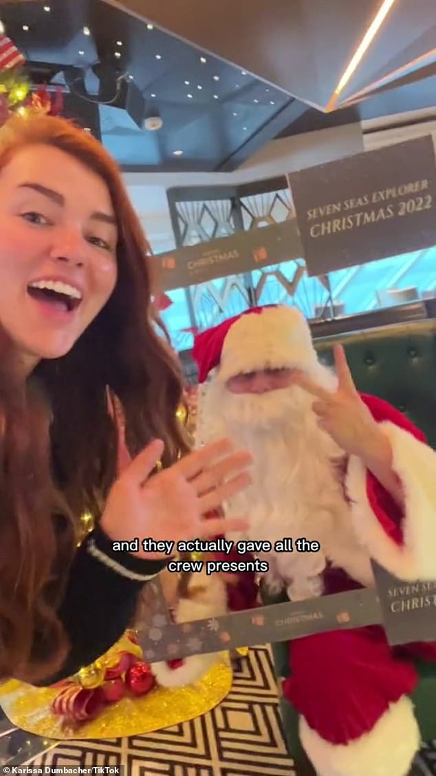 Karissa shared what her Christmas day was like aboard the luxury cruise ship.  The ship has been 'festooned' with extravagant Christmas decorations and even received a visit from Santa Claus.