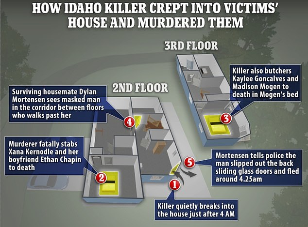 Based on new court documents, a graphic shows how the murders in the student house on November 13 may have unfolded.