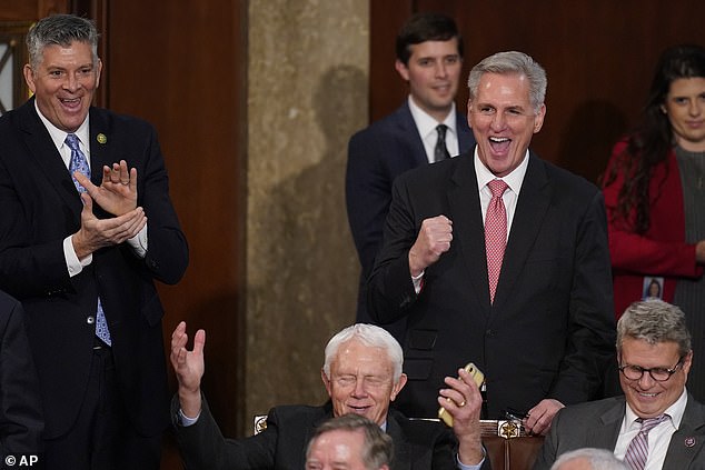 Rep. Kevin McCarthy, R-Calif., pumps his fist as he votes for himself a tenth time in the House chamber as the House meets for the third day to elect a speaker and convene the 118th Congress in Washington, Thursday, Jan. 5, 2023