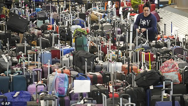 Unclaimed bags are seen in Southwest Airlines baggage claim at Salt Lake City International Airport December 29 during the airline's mass collapse.