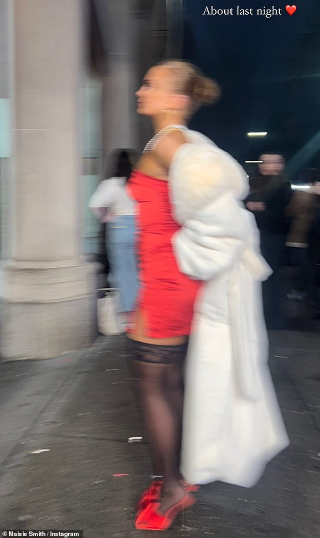 Wow!  The former soap opera star posted a blurry image of herself dressed to the nines in a sexy red mini dress and heels, as well as a daring pair of black lace stockings.