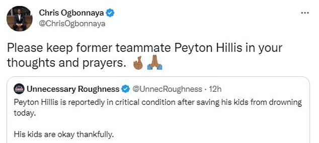 Former Cleveland Browns running back Chris Ogbonnaya also asked fans to pray for Hillis.