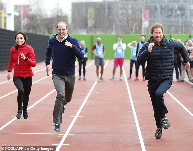 The trio took part in a relay race, during a training event to promote the Heads Together charity, at Queen Elizabeth Olympic Park in London on February 5, 2017.