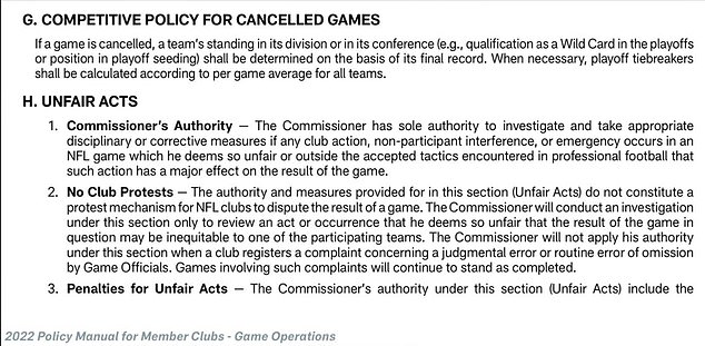 Mixon shared a screenshot of the NFL's 'competitive policy for canceled games' on Thursday.