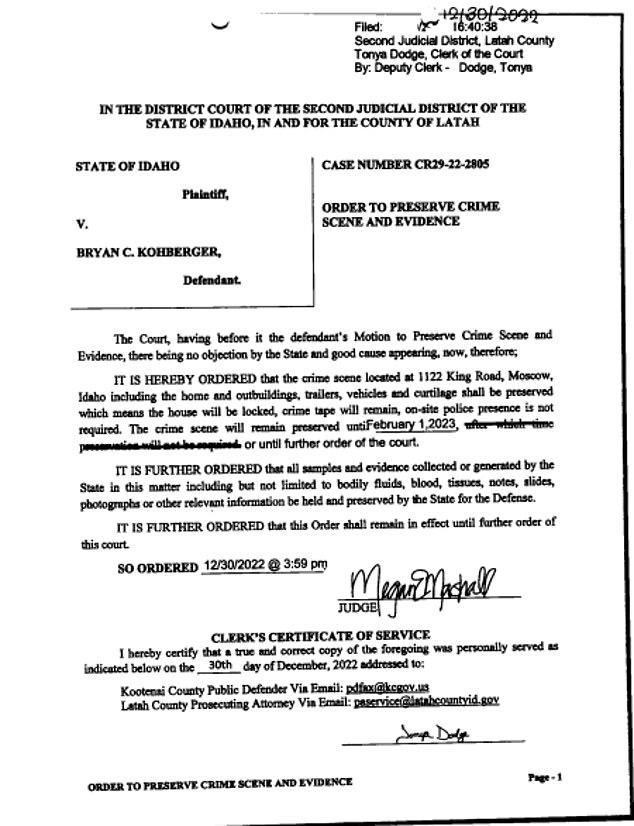 The order requests that Kohberger and his defense team be notified if any evidence has been or will be destroyed and allows them to view the scene.