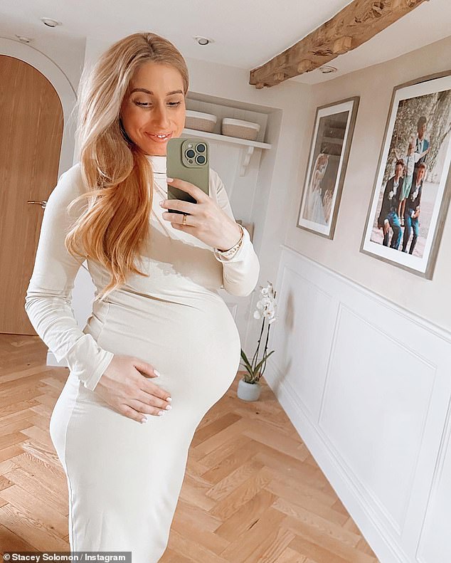 Gorgeous: Stacey showed off every inch of the resplendent mom-to-be in her trio of snaps, gently cradling her growing baby bump as she posed for selfies in the mirror