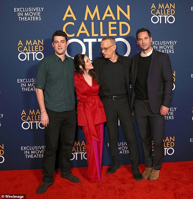 Behind the scenes: Truman, 27, has worked behind the scenes on movies like Black Widow and West Side Story, and plays a younger version of his father's role in Man Called Otto;  Truman pictured with his father at the A Man Called Otto photo shoot in Los Angeles last month