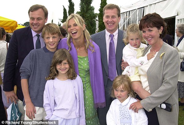 Harry as a child with his stepfather the Marquess of Milford Haven (left), his sister Louise (front), their mother Clare (centre), the marquess's brother Lord Ivar Mouthbatten, their children Ella and Alix and later his wife Penny (right) at Cowdray Park in 2001