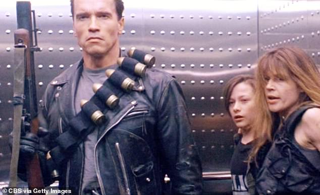 The Big Stars: Terminator 2: Judgment Day, from left, Arnold Schwarzenegger (as Terminator T-800), Edward Furlong (as John Connor) and Linda Hamilton (as Sarah Connor)