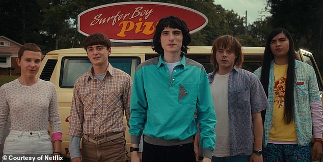 Original leads: The outlet reports that a second tier of salaries includes actors Finn Wolfhard, Caleb McLaughlin, Gaten Matarazzo and Noah Schnapp, who came out as gay on Thursday;  Still from Stranger Things