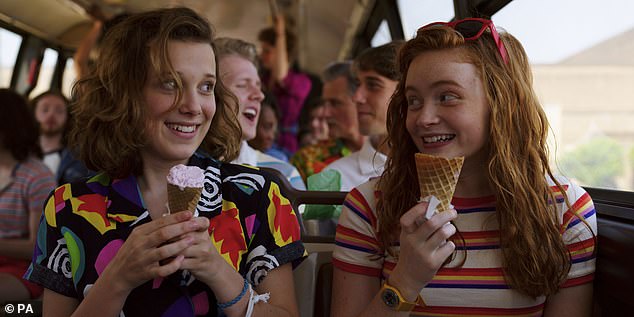 Rising stars: The group, which also includes Sadie Sink (right), will earn $7 million for the fifth season;  Still from Stranger Things