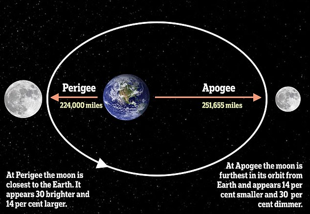 At the point in the moon's orbit when it's closest to the Earth, it appears 14 percent bigger than a micromoon, and vice versa