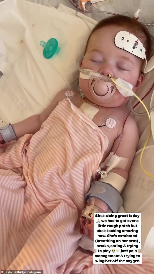 Good news: Selfridge, 28, also revealed that Maya is 'extubated (breathing on her own), awake, eating and trying to play' in the short video clip he shared