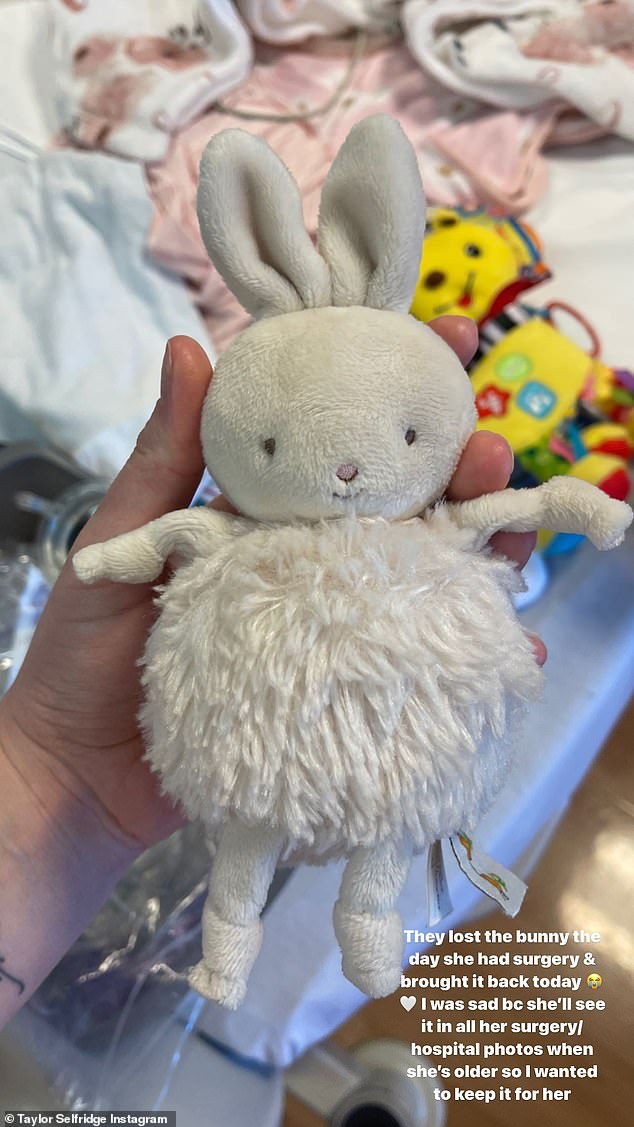 Lost and found: Later on Friday, Selfridge took to Instagram again to reveal that hospital staff today found Maya's stuffed bunny that had been missing since surgery earlier this week.