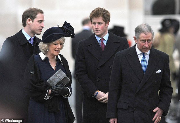 (L-R) Prince William, Camilla, Duchess of Cornwall, Prince Harry and Prince Charles, Prince of Wales attend the unveiling of a memorial to Queen Elizabeth, The Queen Mother, in The Mall on February 24, 2009. in London, England.