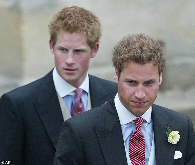 Britain's Prince William, right, and Prince Harry, left, after the marriage of their father Britain's Prince Charles, the Prince of Wales, and his wife Camilla, the Duchess of Cornwall, in the Guildhall in Windsor, England, after their civil wedding ceremony.  , on April 9, 2005