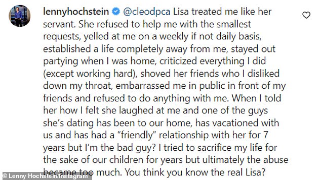 Airing out his dirty laundry: The animosity between Lisa and Lenny seems to have no end in sight, as the plastic surgeon took his grievances to Instagram this week.