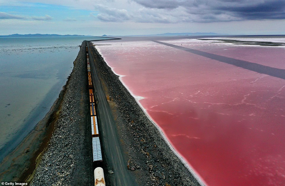 The Great Salt Lake is known as the Red Sea of ​​America.  Pictured: The dividing line between the lake's red and blue water in 2021. The summer of 2022 was the hottest and driest in the area, causing water levels to continue to drop.