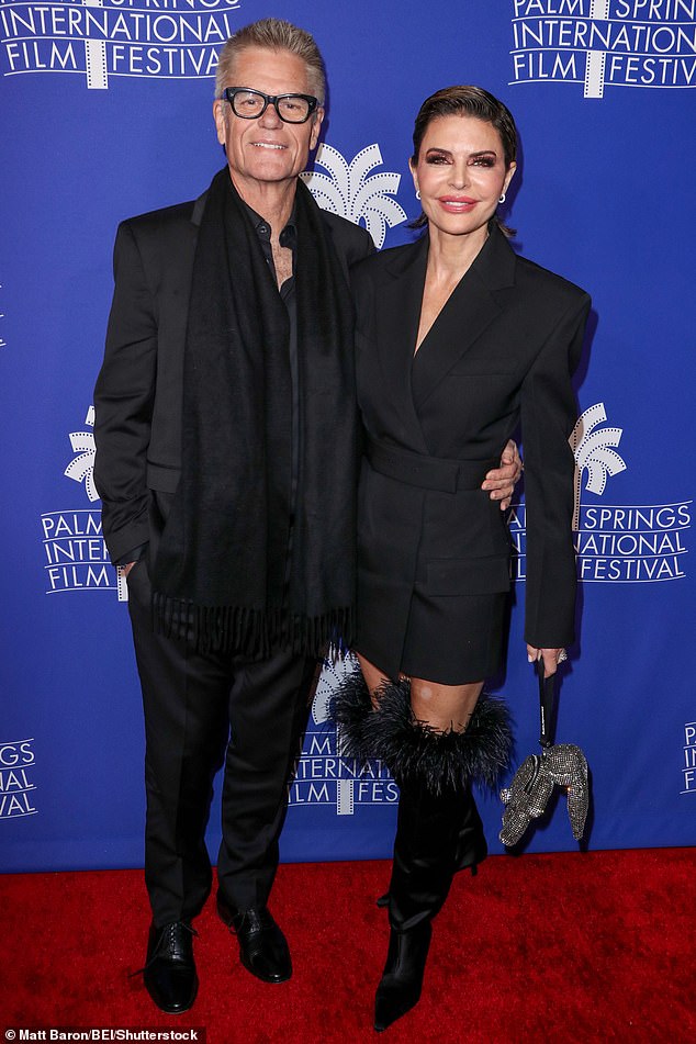 Support: The actress was there to support her husband Harry Hamlin, 71, who stars in the upcoming quirky comedy, which opens on January 28