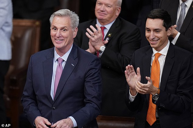 Rep. Kevin McCarthy, R-Calif., reacts after being nominated for a 14th time in the House chamber as the House meets for the fourth day to elect a speaker