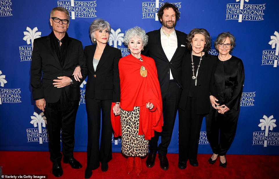 Their big night: The four legendary actresses were joined by Jane's love interest in the film, Harry Hamlin (far left, 71) and her director Kyle Marvin (center right)