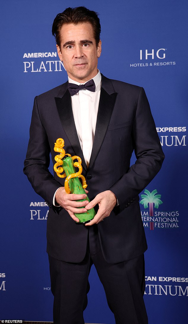 Honoree: On Thursday, Farrell received the Desert Palm Achievement Award for his acclaimed role in The Banshees Of Inisherin at the 2023 Palm Springs International Film Festival.