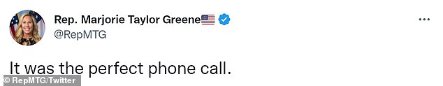 Greene shared the photo of herself on the House floor on the phone with former President Donald Trump and tweeted: 