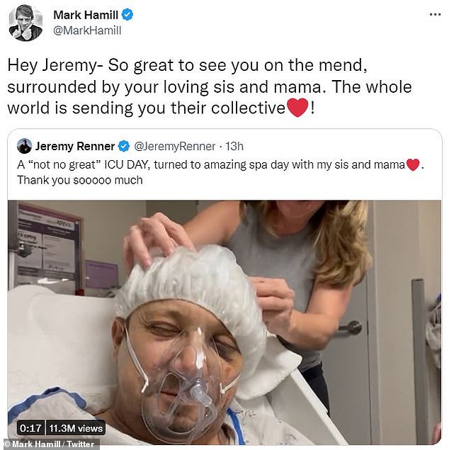 The star received some love and support from Luke Skywalker himself when Mark Hamill sent Renner well wishes on Twitter.