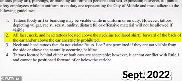 But the city later updated its rules to ban all tattoos above the neckline.