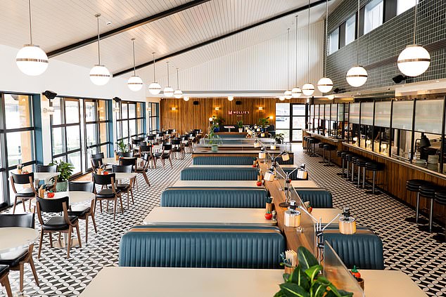 Mollie's Diner is the chain's take on the classic American diner, with an open kitchen on one side and seating and tables occupying the rest of the barn-style building