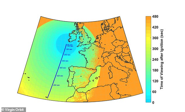 Virgin Orbit has released maps that show the route of the rocket (the blue line) and the timings for when people across Britain and beyond might be able to catch a glimpse of it in the sky