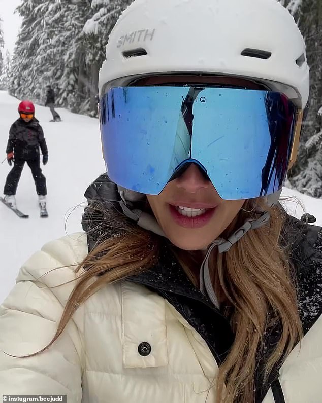 Other images and clips from the vacation showed Bec busy on the slopes wearing a protective visor.