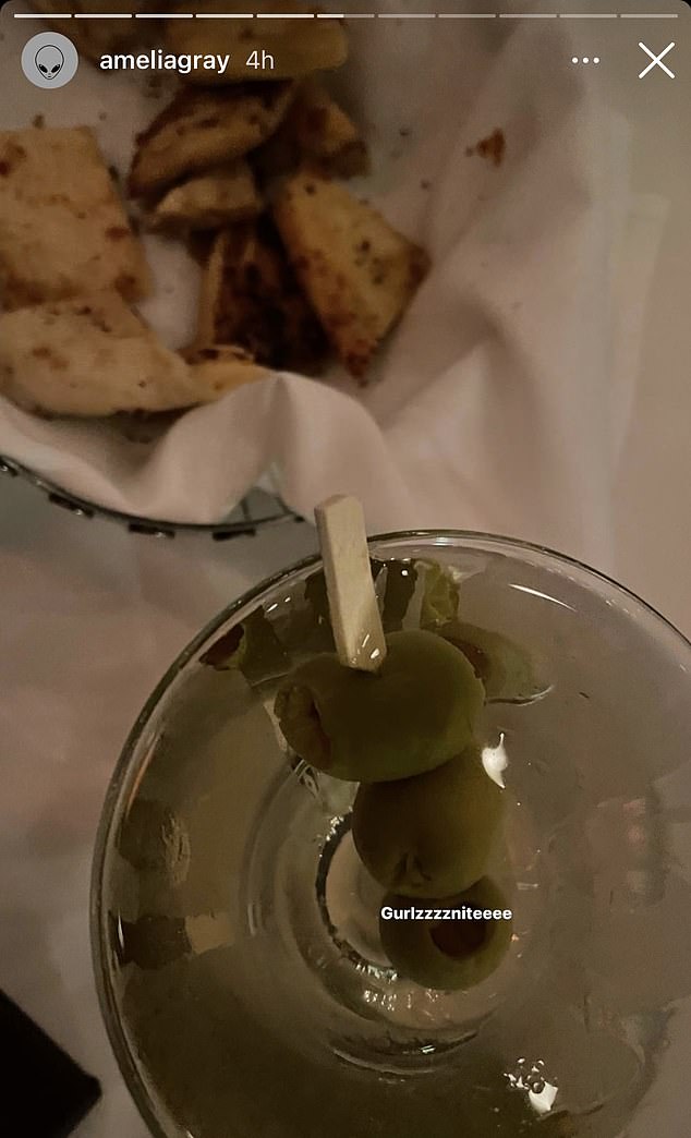 Luxurious: She also gave a sneak peek of her night with her 1.3 million Instagram followers, posting a photo to her Story of a Martini, captioned: 'Gurlzzzzniteeee'