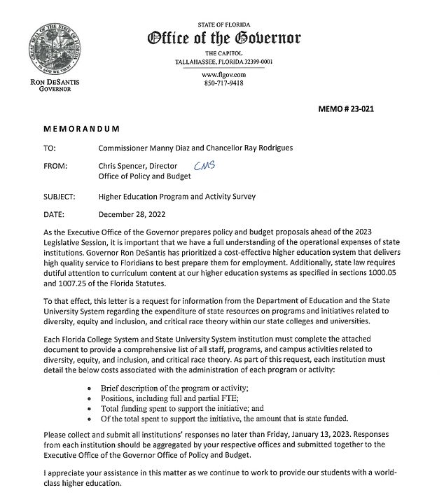 A memo from Florida budget director Chris Spence has set a January 13 deadline for universities to detail spending on classes, programs and personnel related to diversity, equity, inclusion (DEI) and critical theory. of the race (CRT)