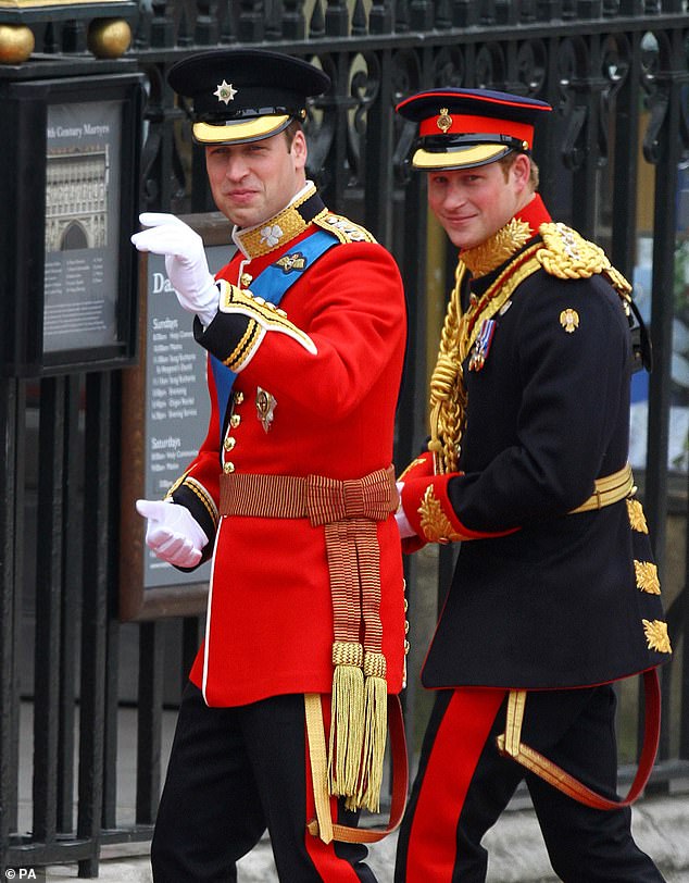 Prince Harry (right) claimed in his leaked memoir, Spare, that he was not the real best man for Prince William (left) as his brother did not want him to give a speech (pictured at William and Kate's wedding in Westminster Abbey in 2011)