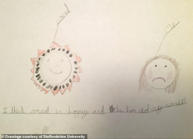 Another child drew a personified Covid cell next to a picture of himself upset and captioned it: 