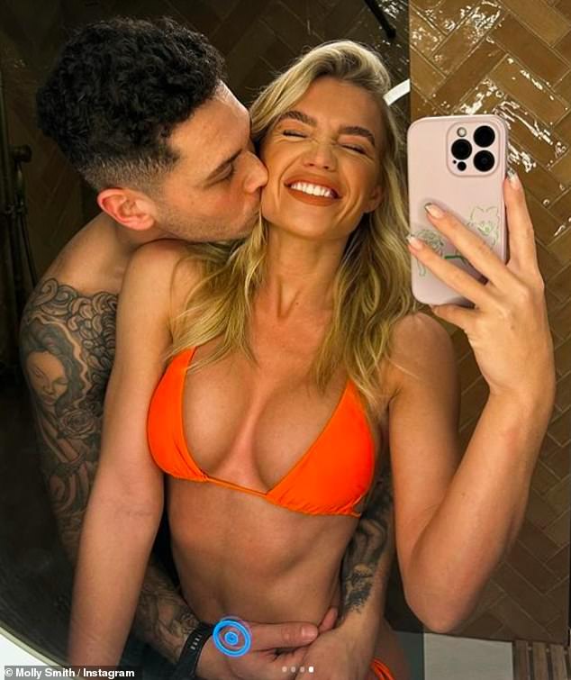 Happy: The former Love Island star, 28, took to Instagram on Saturday to share the images as she donned an orange bikini while Callum, 26, adored her