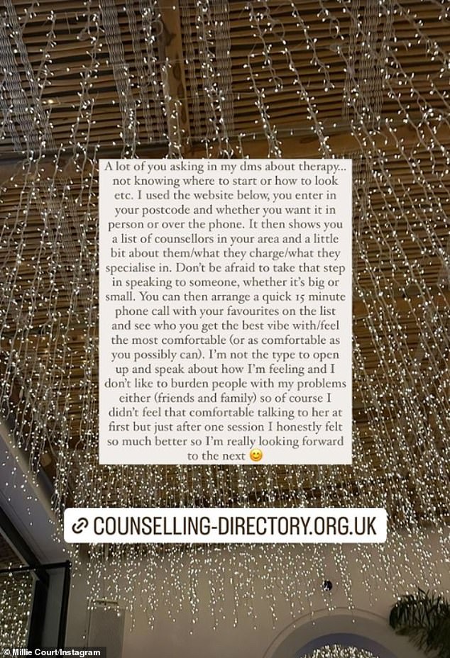 Process: She later shared the process she had followed to start doing the therapy sessions, telling her Instagram followers that it had really helped her so far.