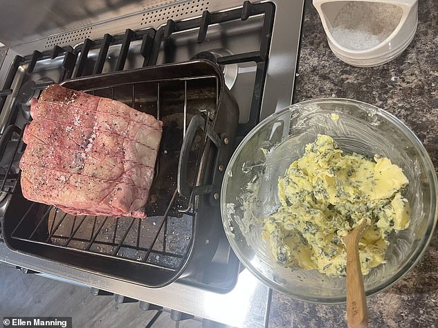 Once the meat was seasoned, Ellen mixed the butter with the herbs to make a thick paste.