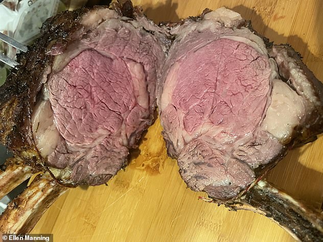 Ellen cut the piece in half to test how raw it was after cooking it on low heat for hours and roasting it on very high heat for six minutes.