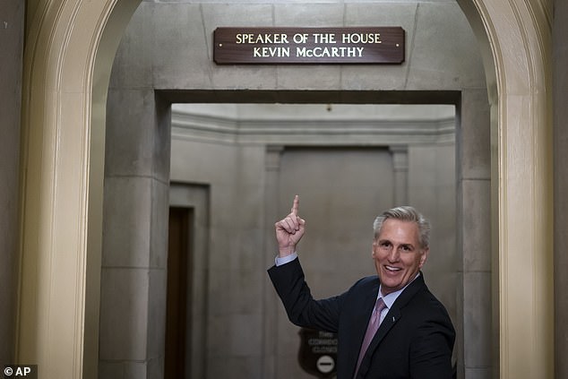 House Speaker Kevin McCarthy of California gestures toward the newly installed nameplate in his office after being sworn in as Speaker of the 118th Congress in Washington.